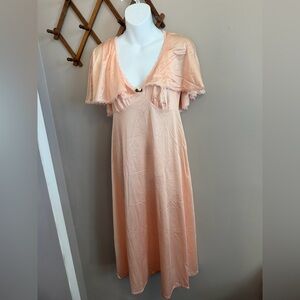 Vintage Peach Satin Cape Sleeve Nightgown Pink Lace M/L